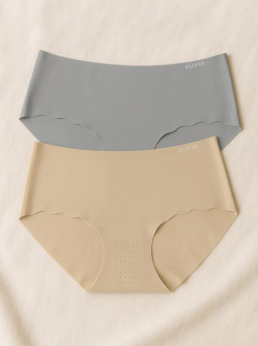Flat lay of Beige & Gray seamless women’s underwear starter pack, made from soft breathable nylon with mugwort-infused modal lining for freshness and all-day comfort.