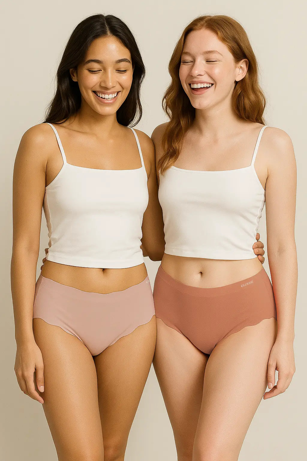 Two models wearing nude pink and peach seamless women’s underwear from the Muted Muse set, featuring smooth no-show fit, breathable fabric, and tagless comfort.