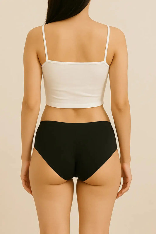 Back view of Core Neutral seamless women’s underwear – black and gray – tagless, breathable nylon with mugwort-infused modal lining for smooth, irritation-free comfort.