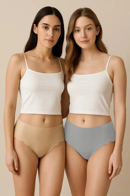 Two models wearing beige and gray seamless women’s underwear from the starter pack, featuring smooth no-show fit, breathable fabric, and tagless comfort.