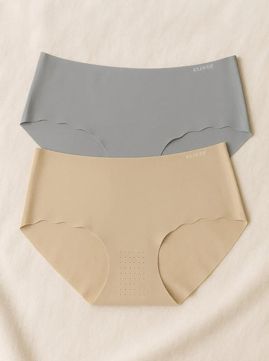 Flat lay of Beige & Gray seamless women’s underwear starter pack, made from soft breathable nylon with mugwort-infused modal lining for freshness and all-day comfort.