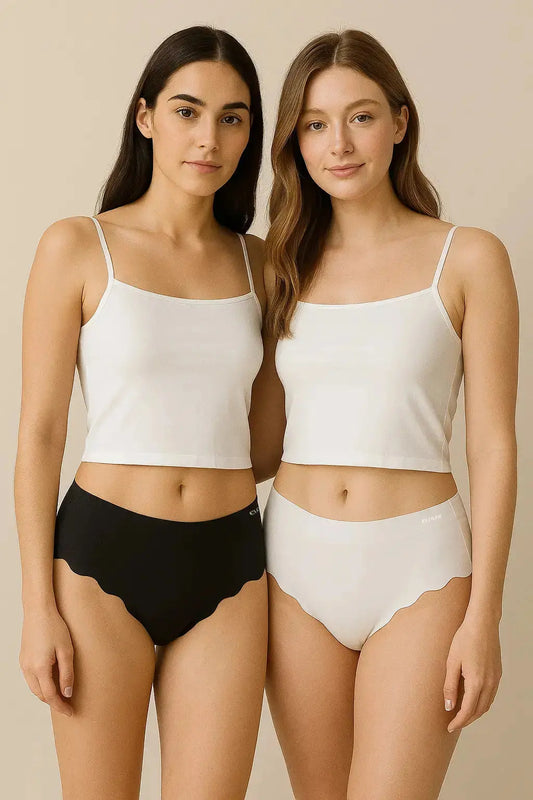 Two models wearing Black & White seamless women’s underwear starter pack, showing smooth no-show fit, breathable fabric, and tagless comfort.